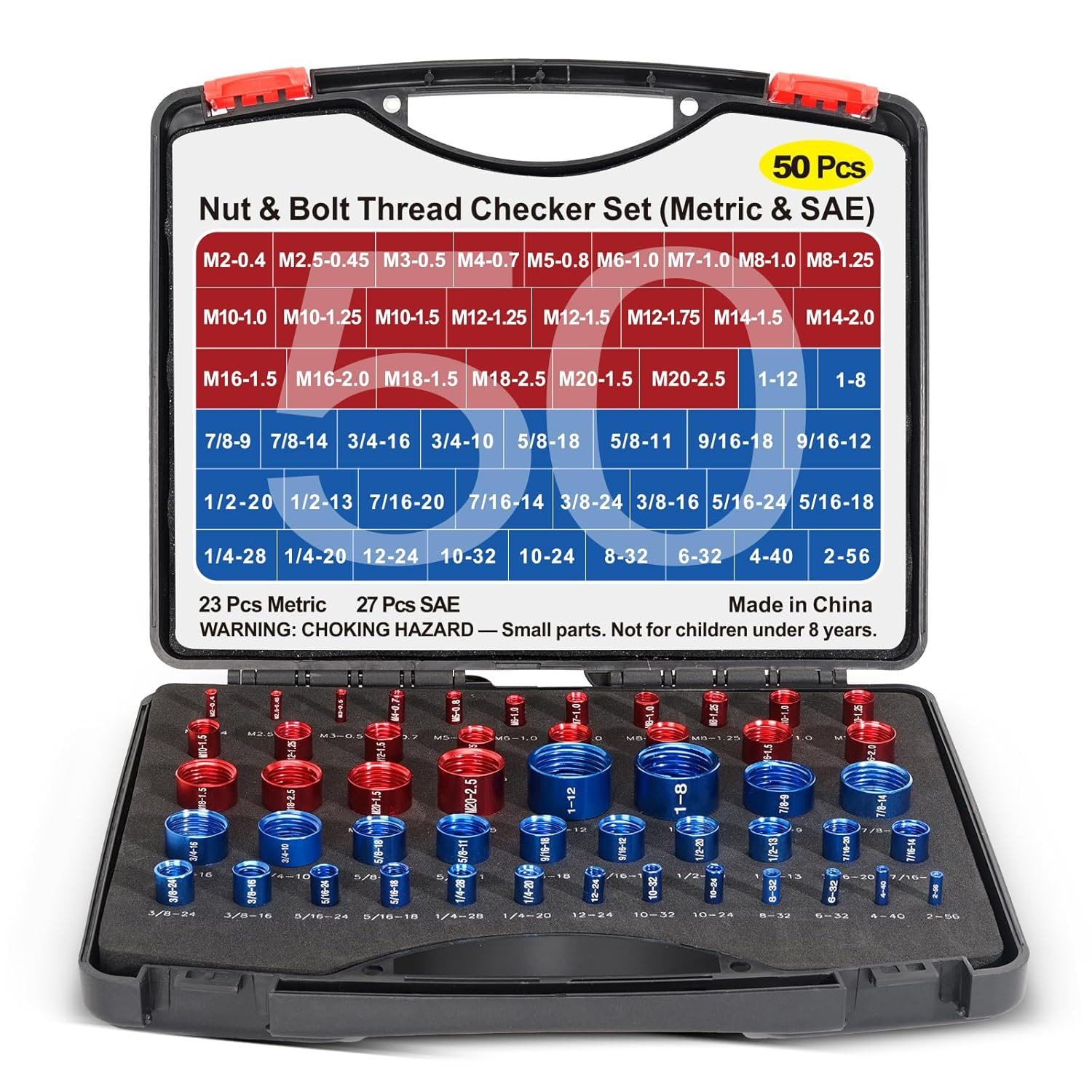 50 Pcs Thread Checker Bolt Size Finder Nut Gauge Set 23 Metric 27 SAE Box