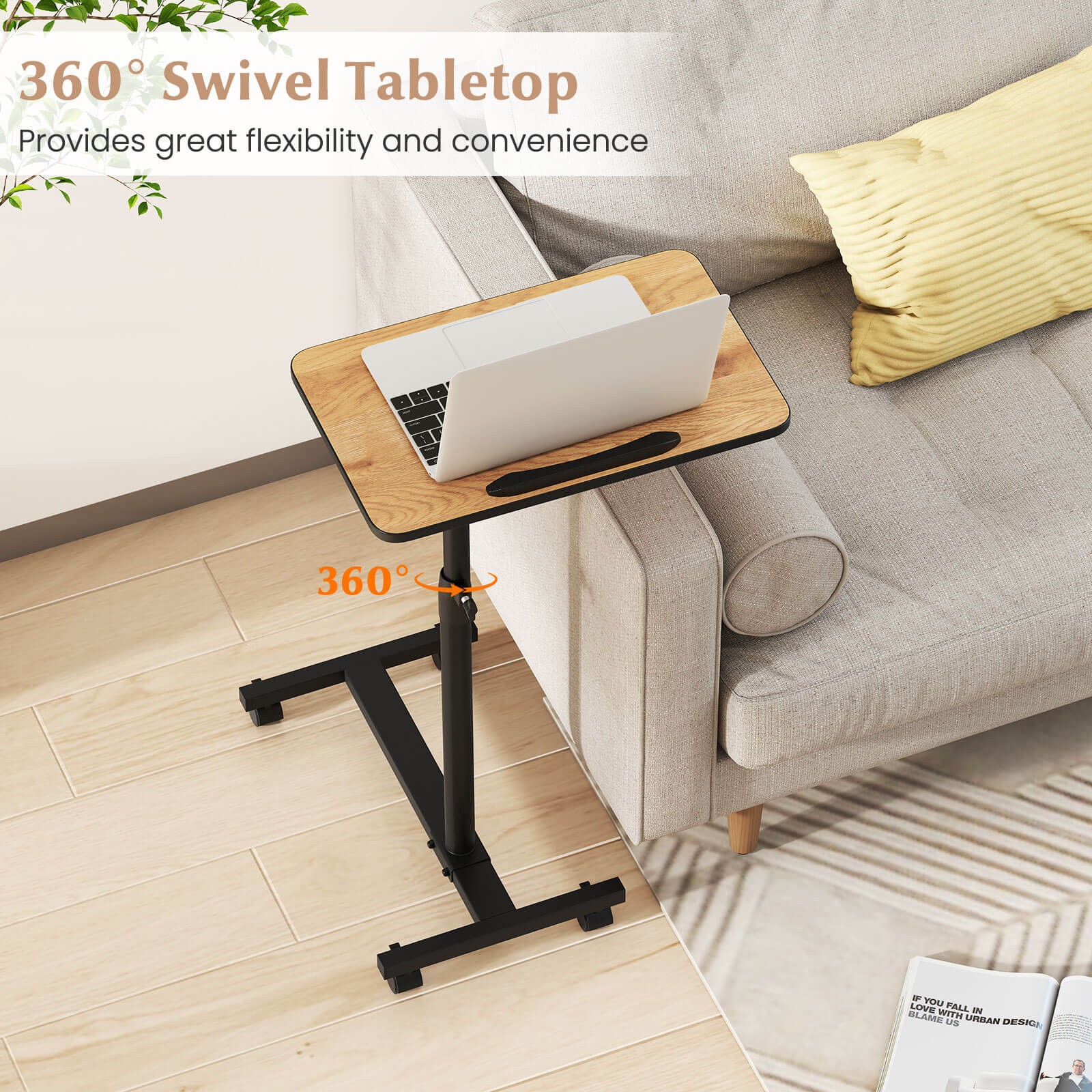 Costway Overbed Rolling Table Over Bed Laptop Food Tray Desk Tilting Top Natural