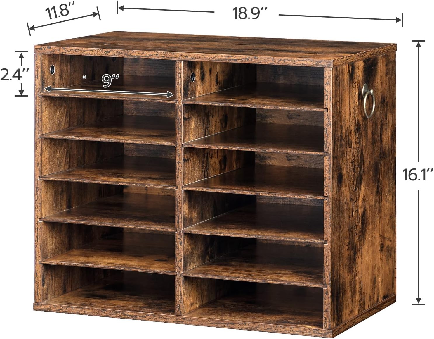 12-compartment wooden literature organizer with adjustable shelves
