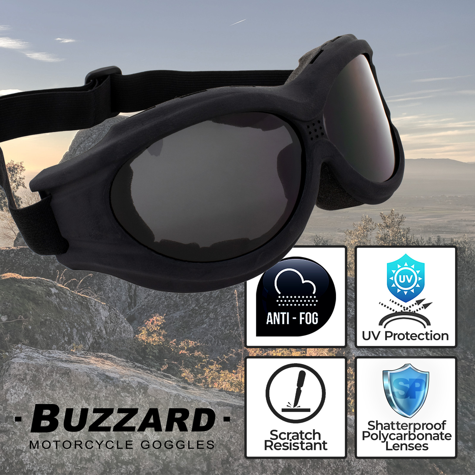 2 Pairs Birdz Buzzard Motorcycle Goggles Fit Over Glasses Black Clear Smoke Lens