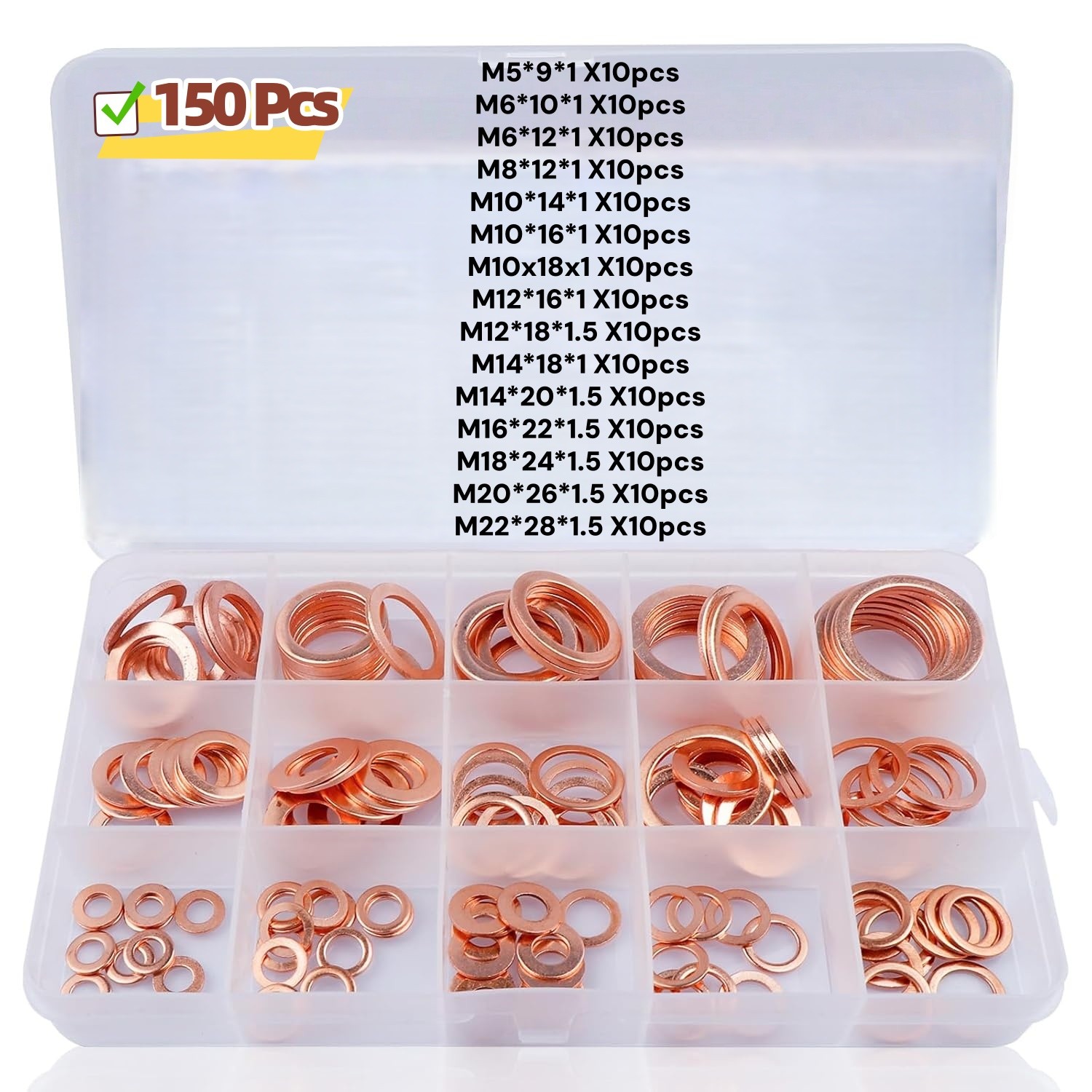 150x M5-M22 Copper Crush Washer Gasket Set Flat Ring Seal Assortment Kit O-Ring