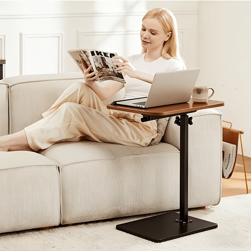 Walnut C-Shaped Sofa Bed Tray Table – Multi Functional Armrest Side Table