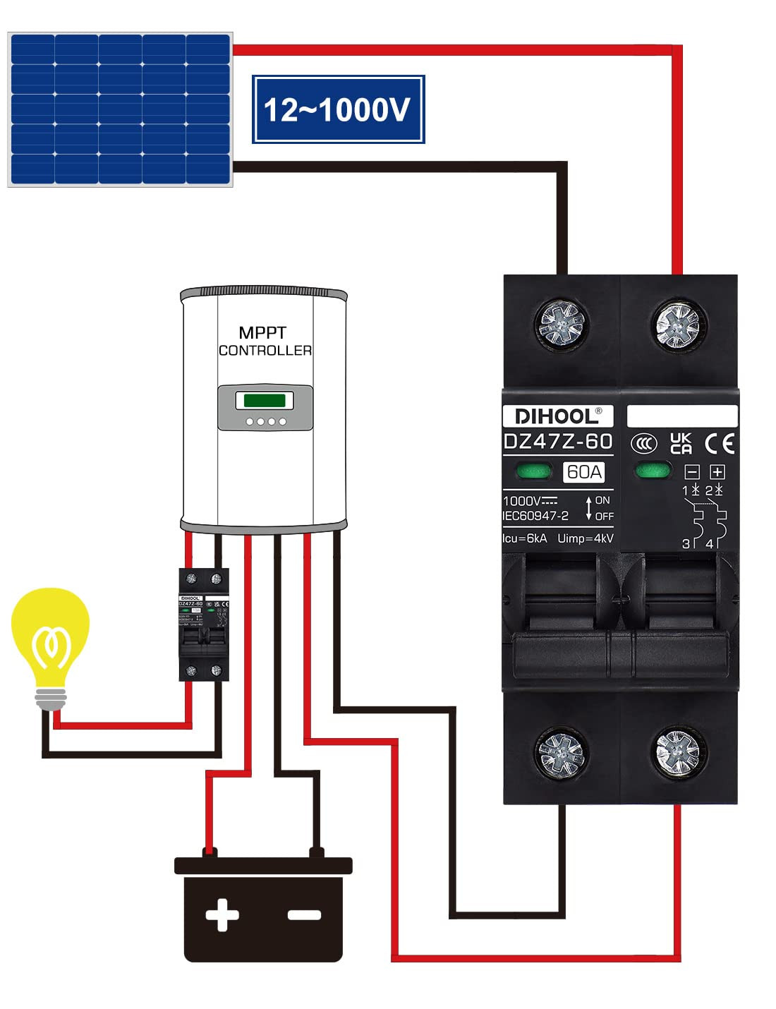 60 Amp DC Circuit Breaker DIN Rail Mount Solar Disconnect Switch 2P 1000V