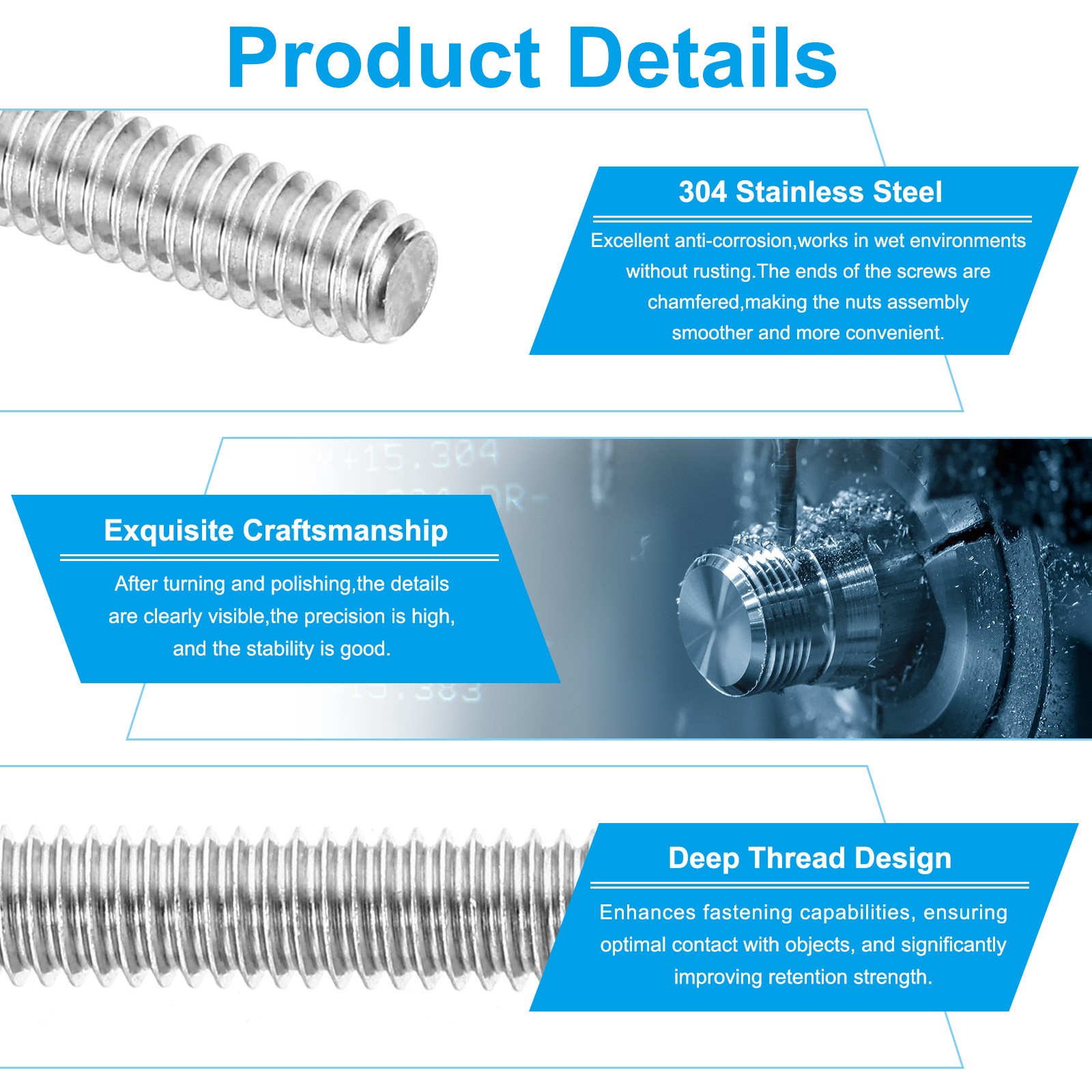 5Pcs 1/4″-20 Fully Threaded Rod 15.7″ Length 304 Stainless Steel Thread Screw