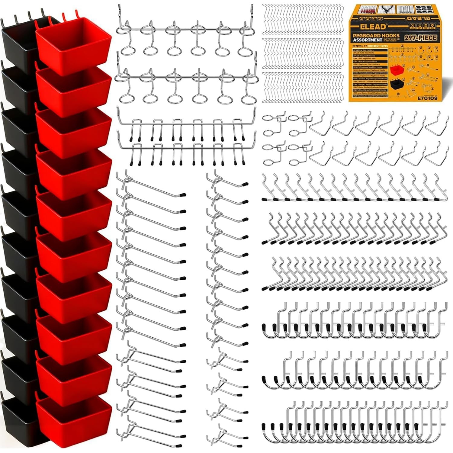 297 Piece Pegboard Hooks Kit, Peg Board Organizer Accessories with Bins for Orga