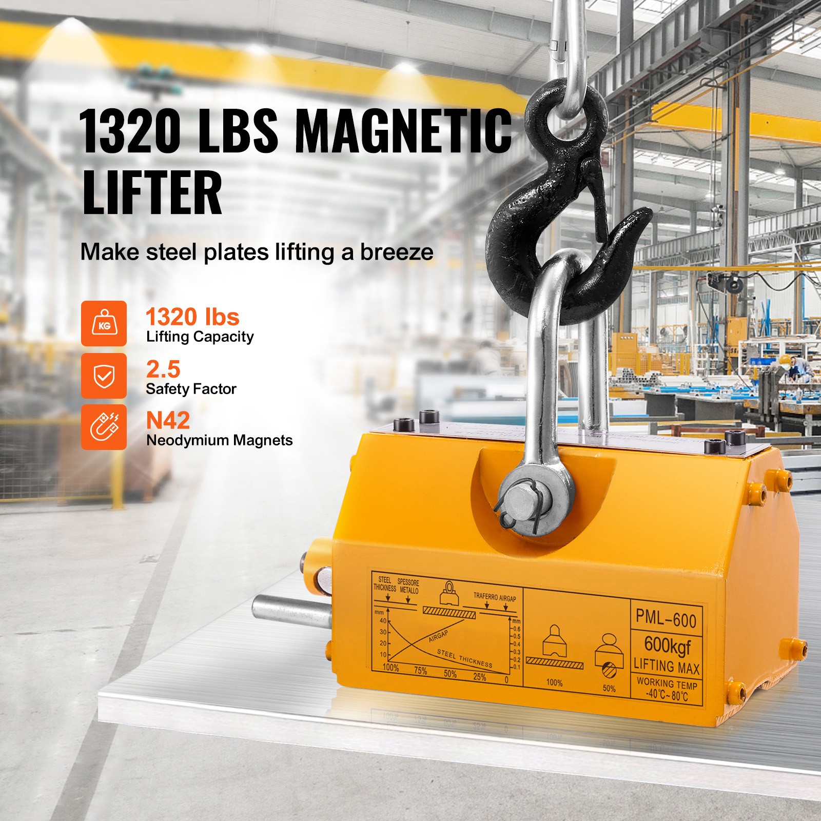 Uimoso Permanent Magnetic Lifter Lifting Magnet 1320 lbs/600 kg Neodymium Hoist