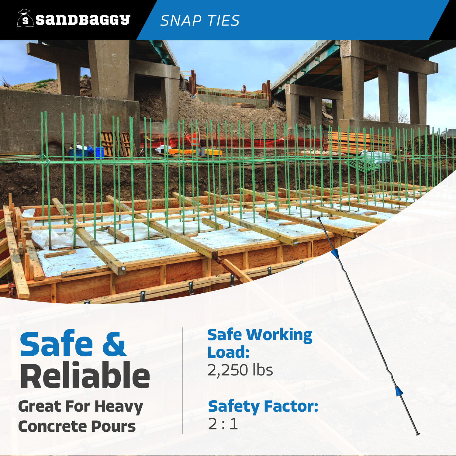 Sandbaggy 20″ x 4 ¾» Standard Snap Ties For Concrete Forms (Short End)