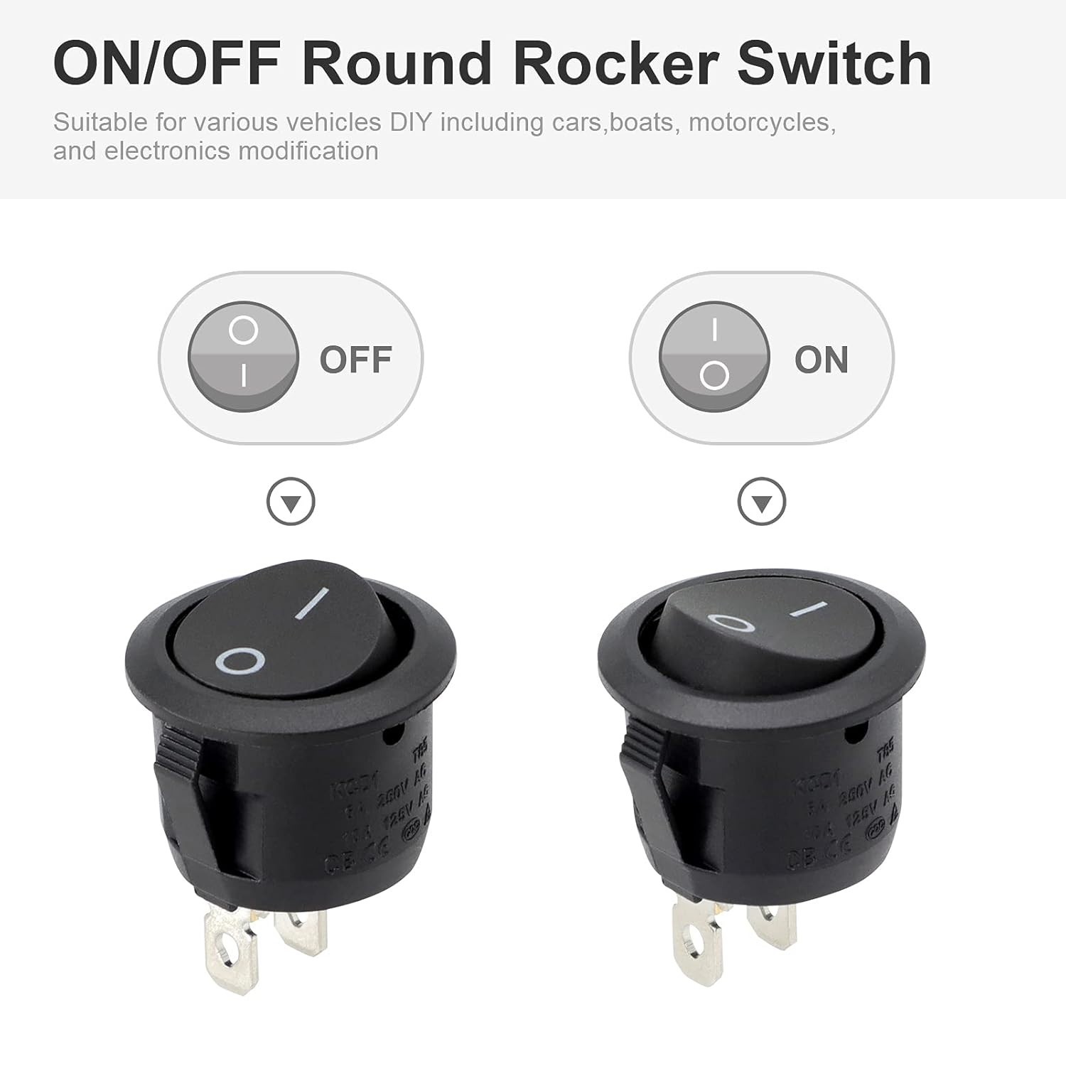 Round Mini Rocker Switch 6-Pack 12V DC ON Off Pre-Wired for Boat Car 6A 250V AC