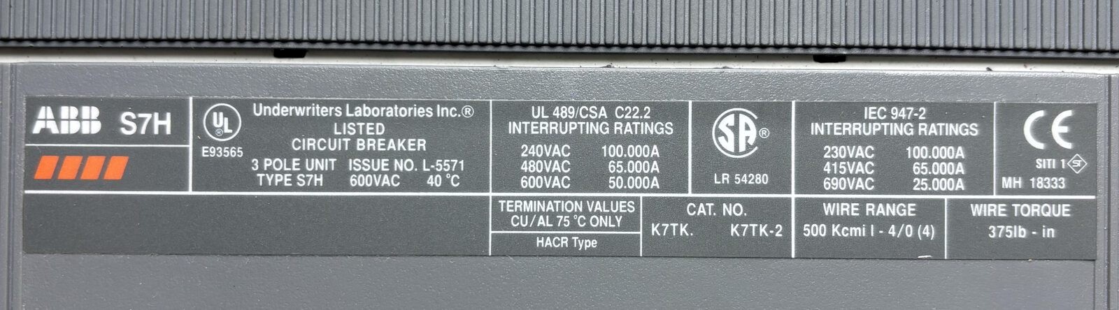 SACE S7H1000BK0AS8 3P 1000A 600V Breaker w/Shunt, Aux, Trip Unit