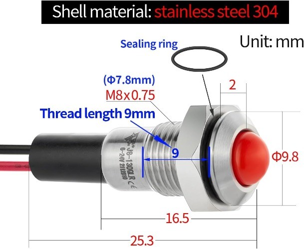 UL Listed Mini Indicator Light 8mm 0.31 Inch Waterproof White 12-24V DC/AC