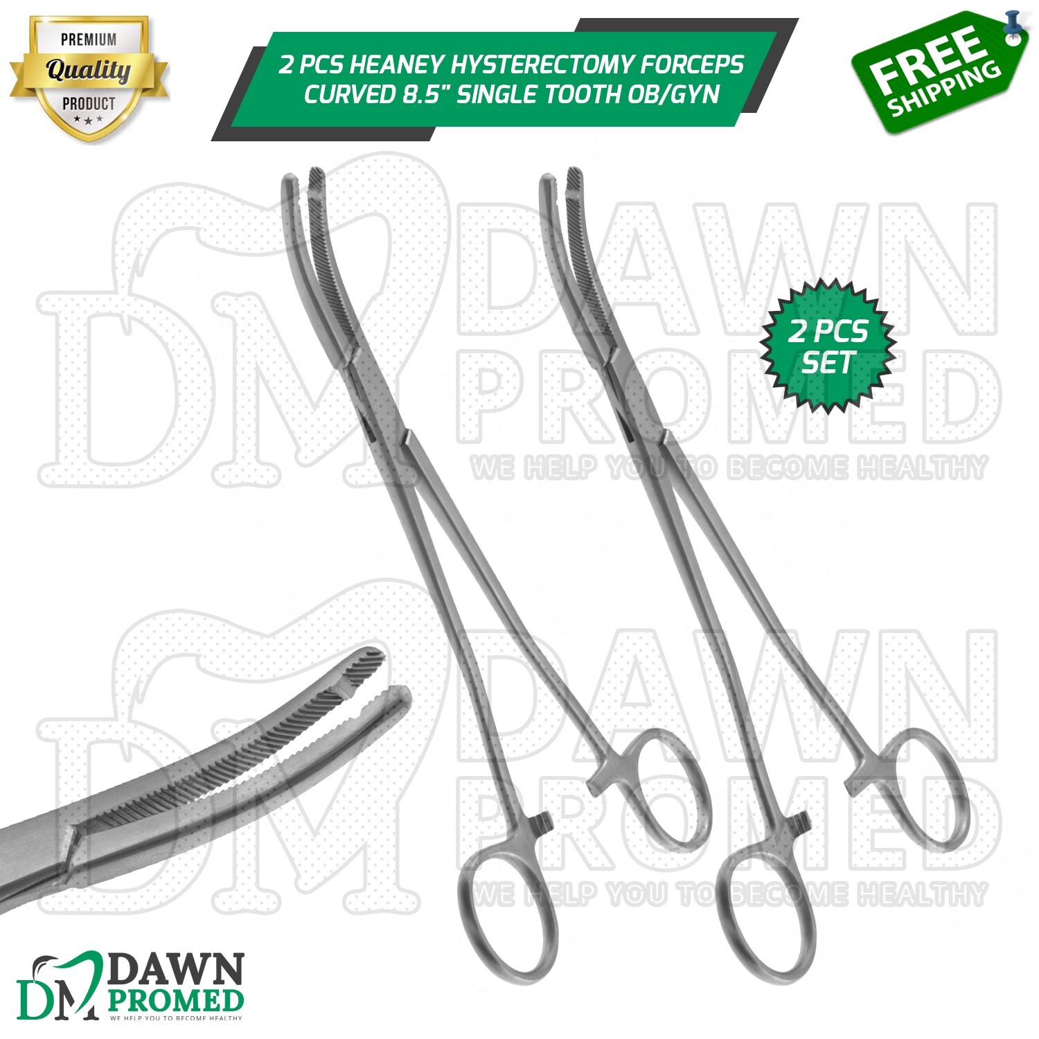 2 Pcs Heaney Forceps Single Tooth Curved Set 8.5″ OB/GYN Instrument German Gr