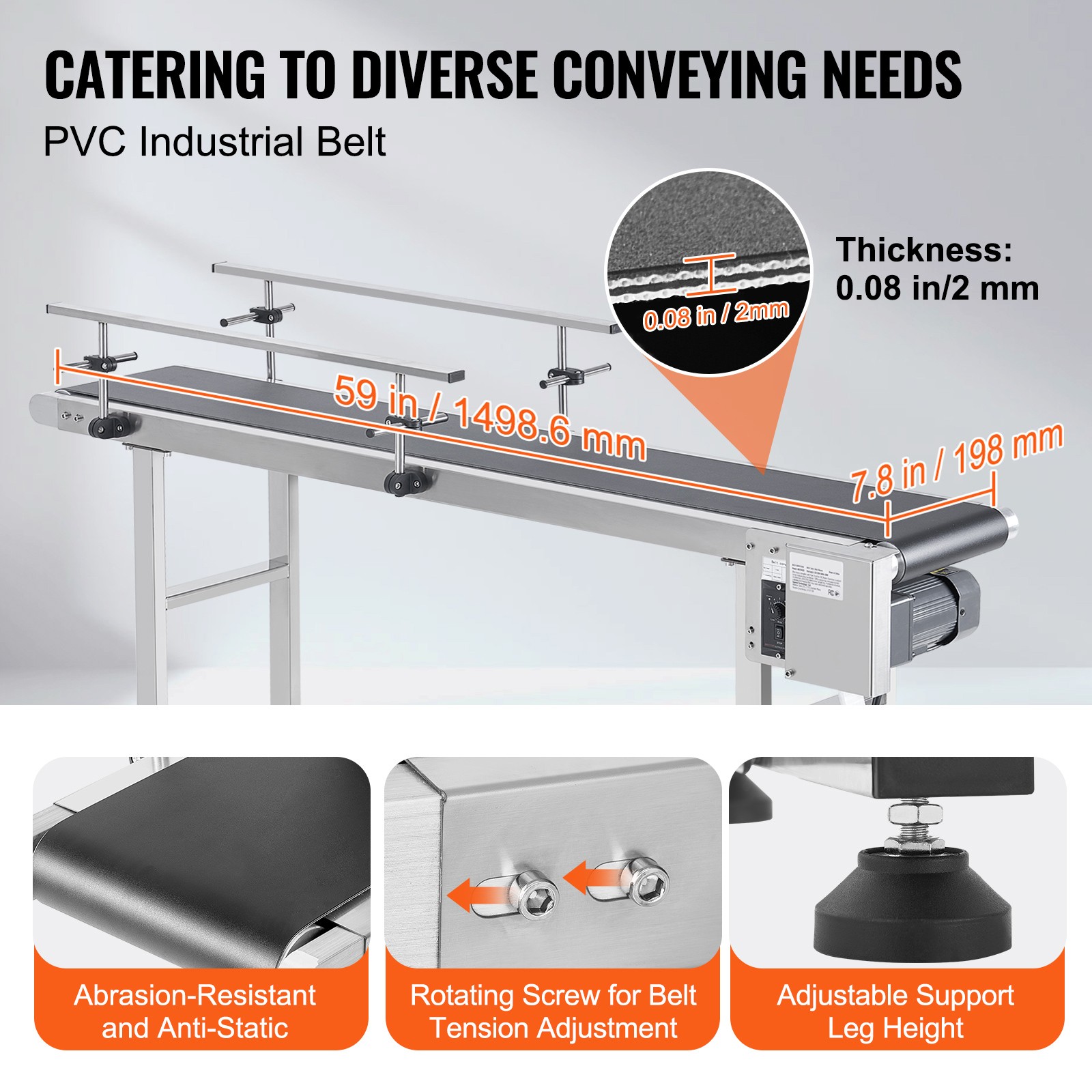 VEVOR Belt Conveyor PVC Stainless Steel Belt Conveyor 59″x7.8″ Double Guardrail