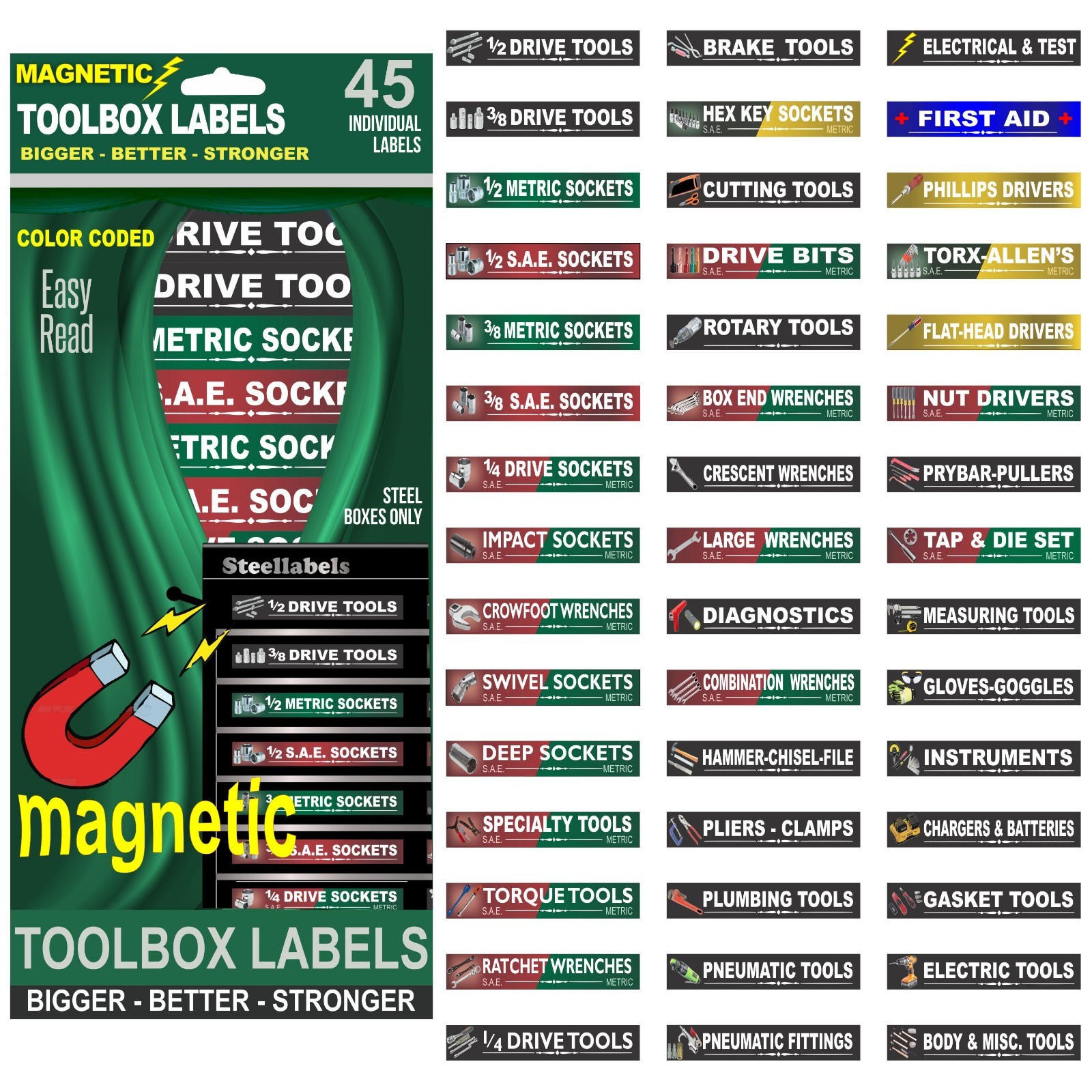 Ultimate Magnetic TOOLBOX LABELS fits all steel boxes tool chest & cabinets