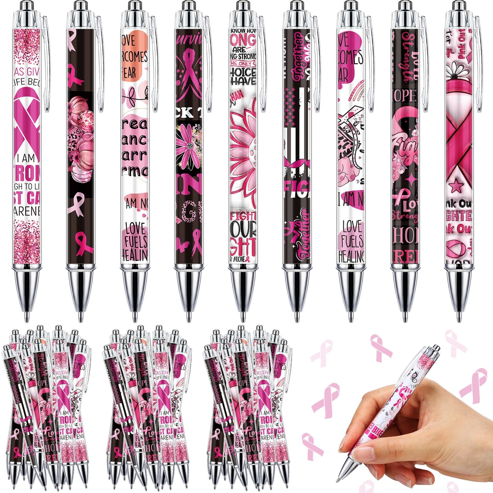 36 PCS Breast Cancer Awareness Pens Pink Ribbon Retractable Ballpoint Ink