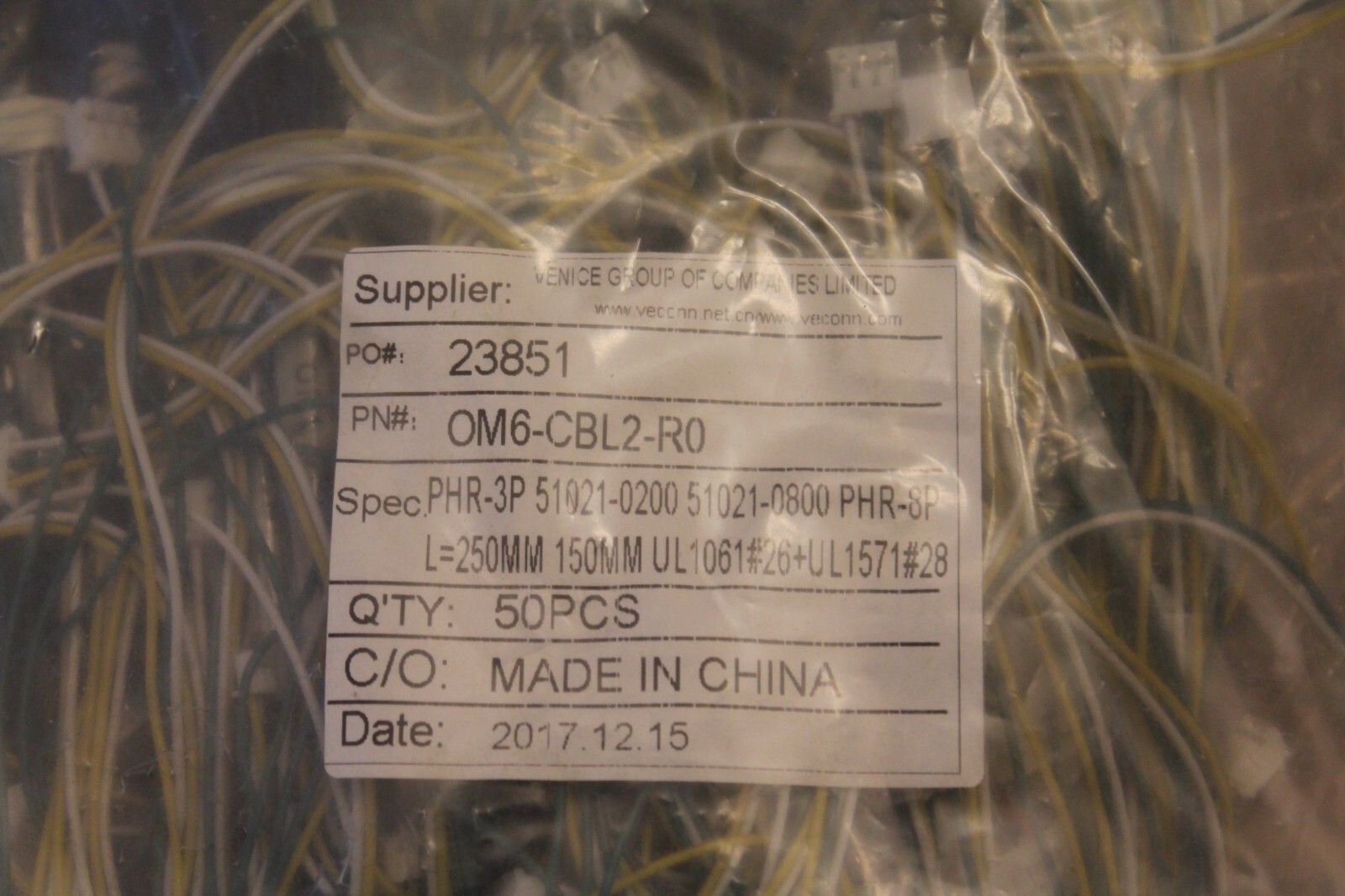 OM6-CBL2-R0 cable PHR-3P 51021-0200, 51021-0800, PHR-8p, l=250mm 150mm UL 1061+