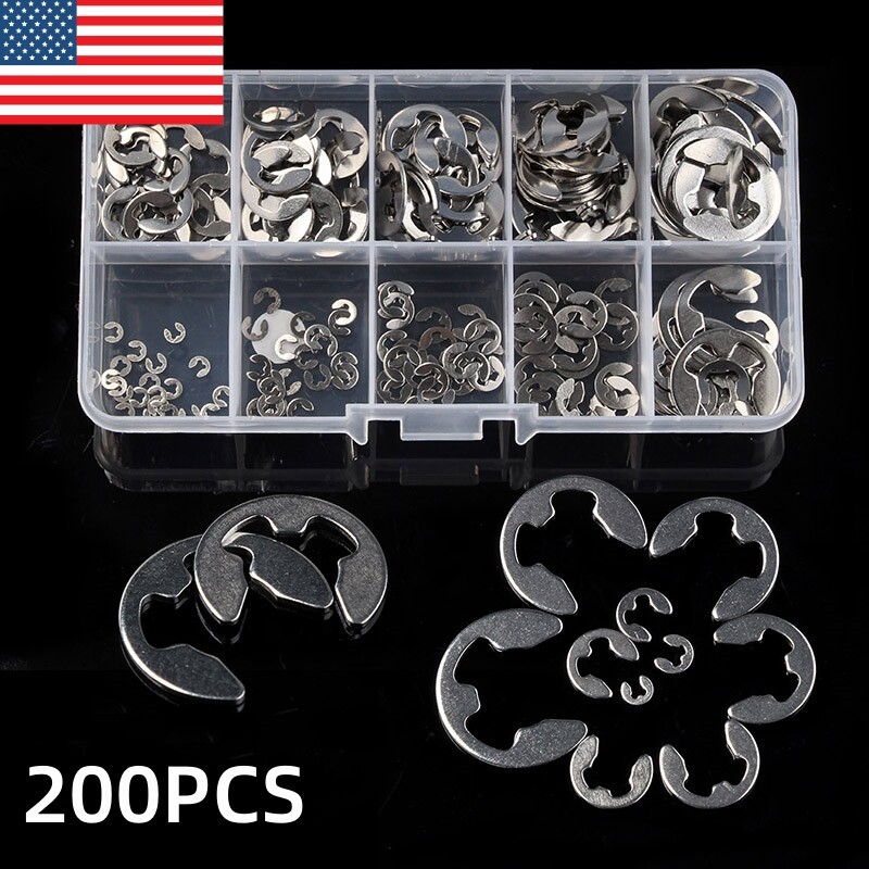 200PCS E Clips C Circlips Retaining Ring Assorted Stainless Steel Kit 1.5mm-10mm