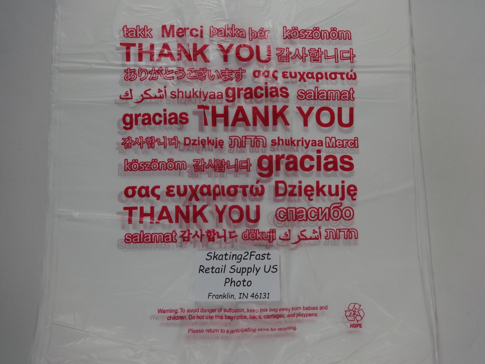 Qty. 100 Multi Language THANK YOU T-Shirt Bags 11.5″ x 6″ x 20.5″ Bags Only