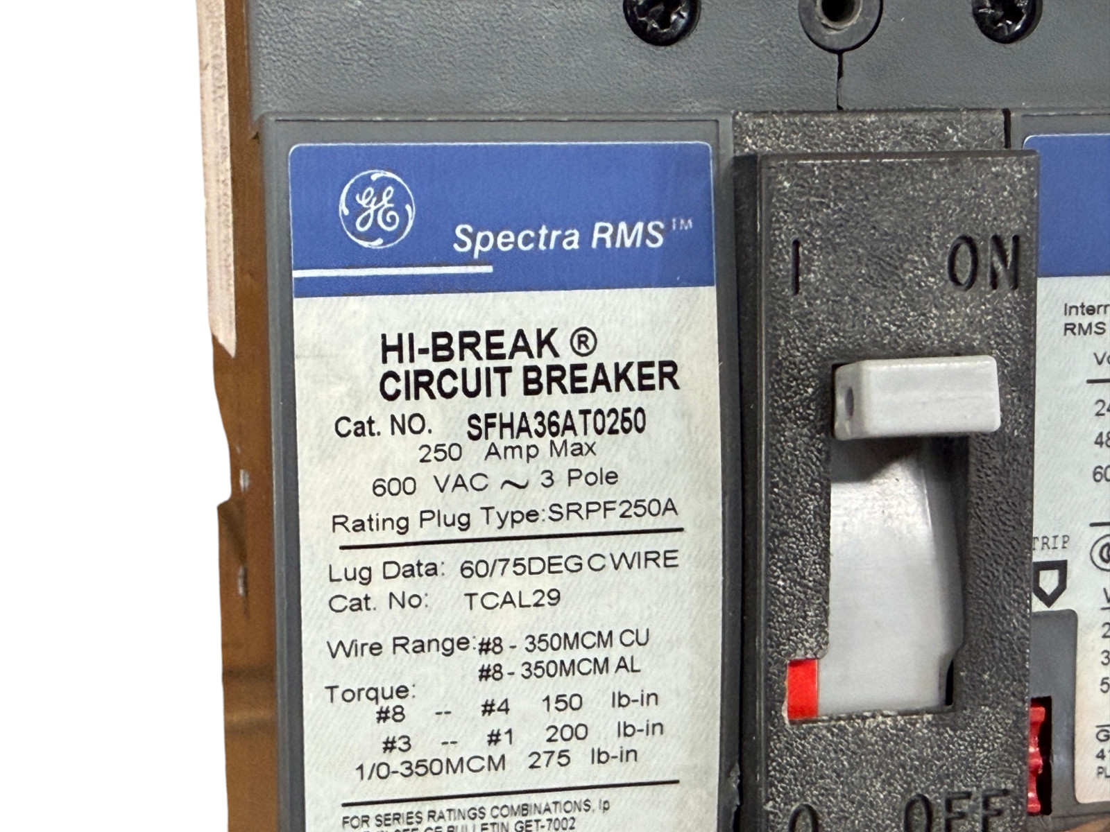 GE SFHA36AT0250 250A 3-POLE 600V SPECTRA RMS SF250 65KA CIRCUIT BREAKER NEW