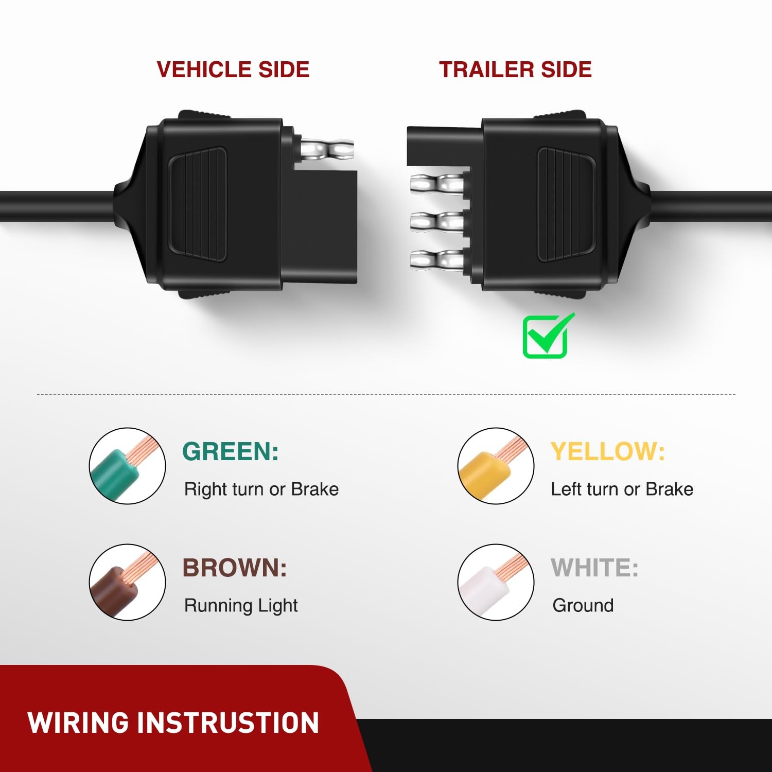 4 Way Trailer Connector End Plug 10Ft Cable 18AWG Heavy Duty 4 Pin Wiring