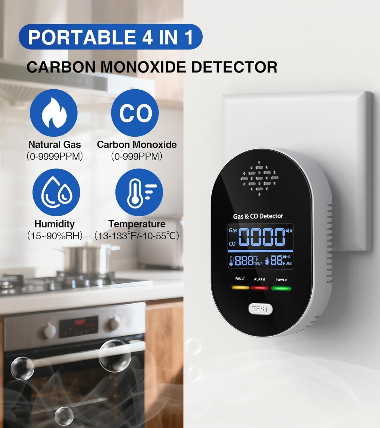 4-in-1 Carbon Monoxide Detector Warning Alarm Sensor LED Temperature Detectors