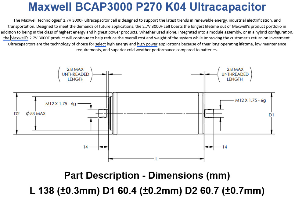 Maxwell – BCAP3000 P270 K04 – Supercapacitors / Ultracapacitors 2.7V 3000 Farads