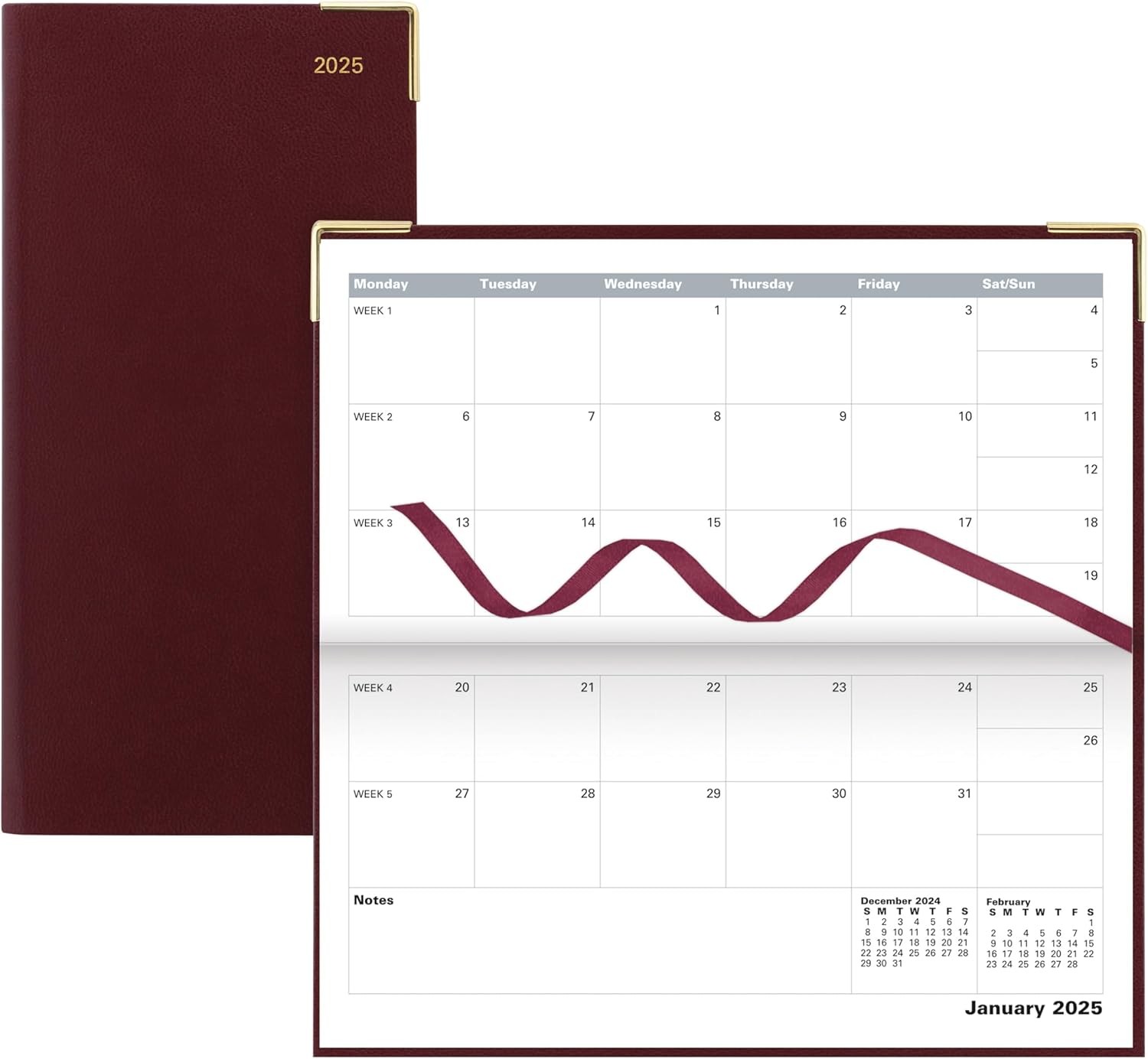 Letts of London Classic 2025 Monthly Planner, 13 Months, January Burgundy