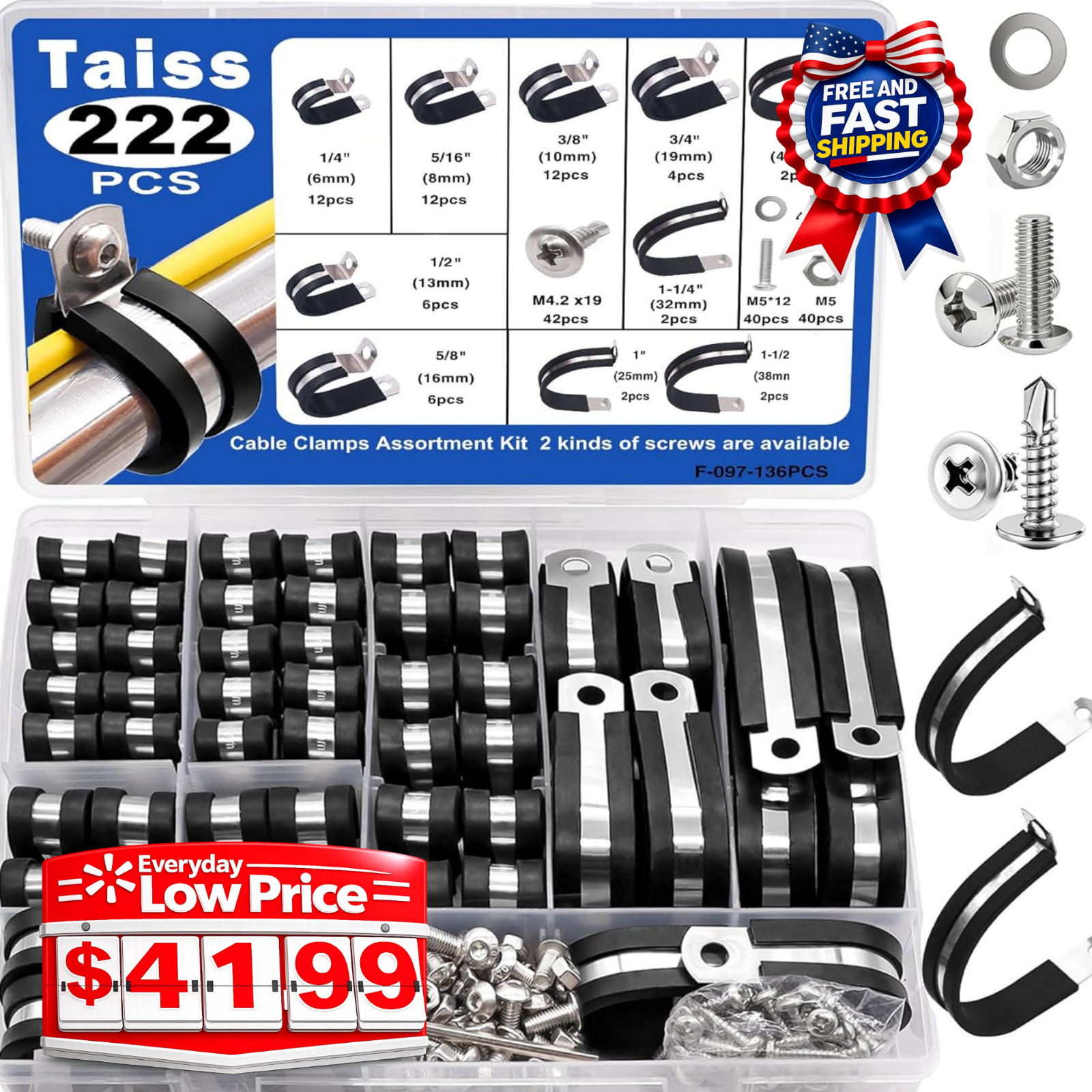 222PCS Stainless Steel Rubber Cushion Cable Clamps Kit 10 Sizes Pipe Wire Set
