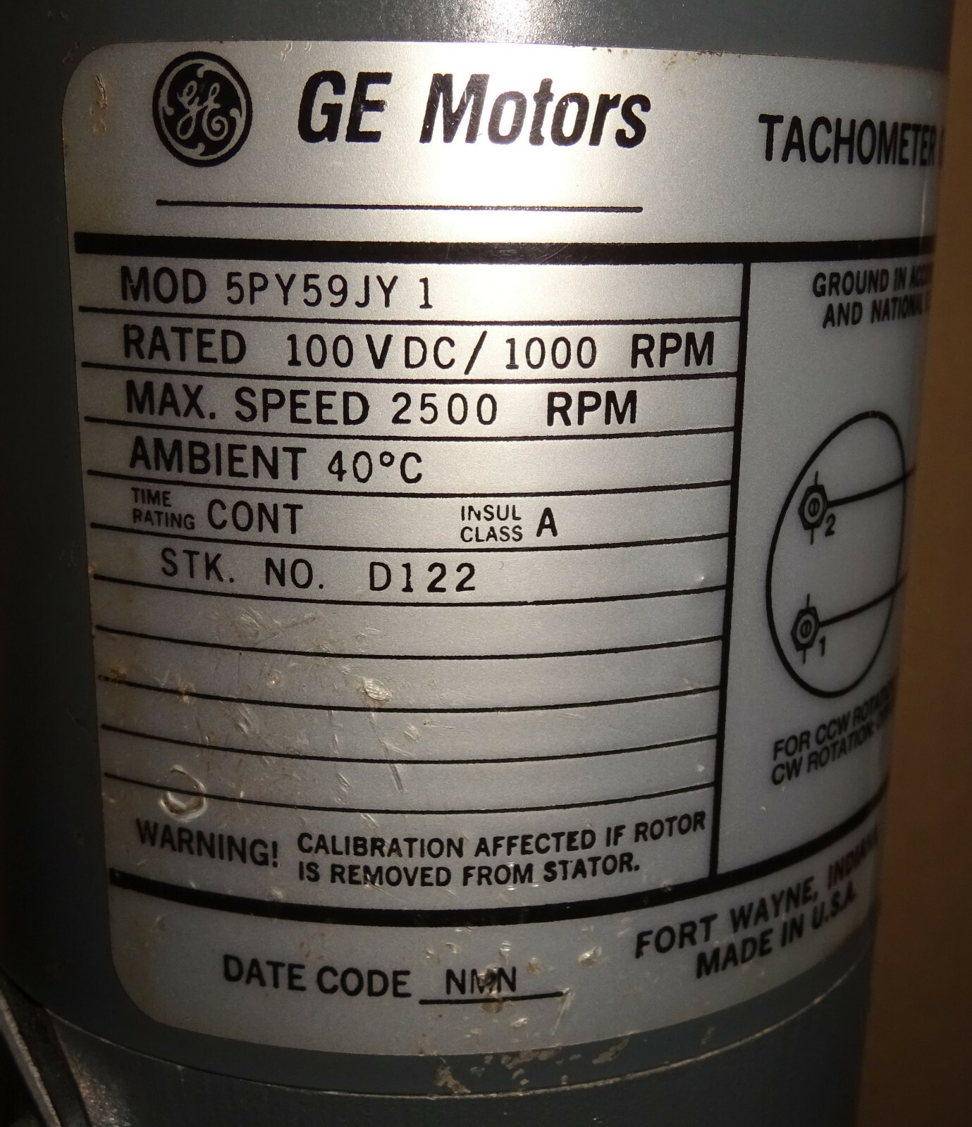 General Electric 5PY59JY1 Tachometer Generator 100VDC 1000RPM 5PY59JY 1 NEW