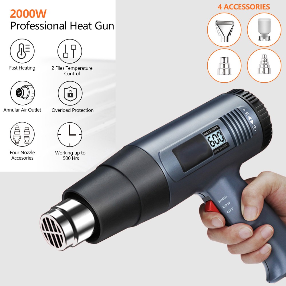 2500W Heat Gun Electric Hot Air Gun Dual Temperature LCD Display 4 Nozzles 110V