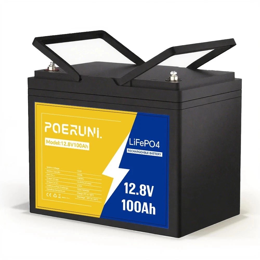 POERUNI 12V 100Ah LiFePO4 BMS Lithium Battery Deep Cycle for Marine Off-grid RV