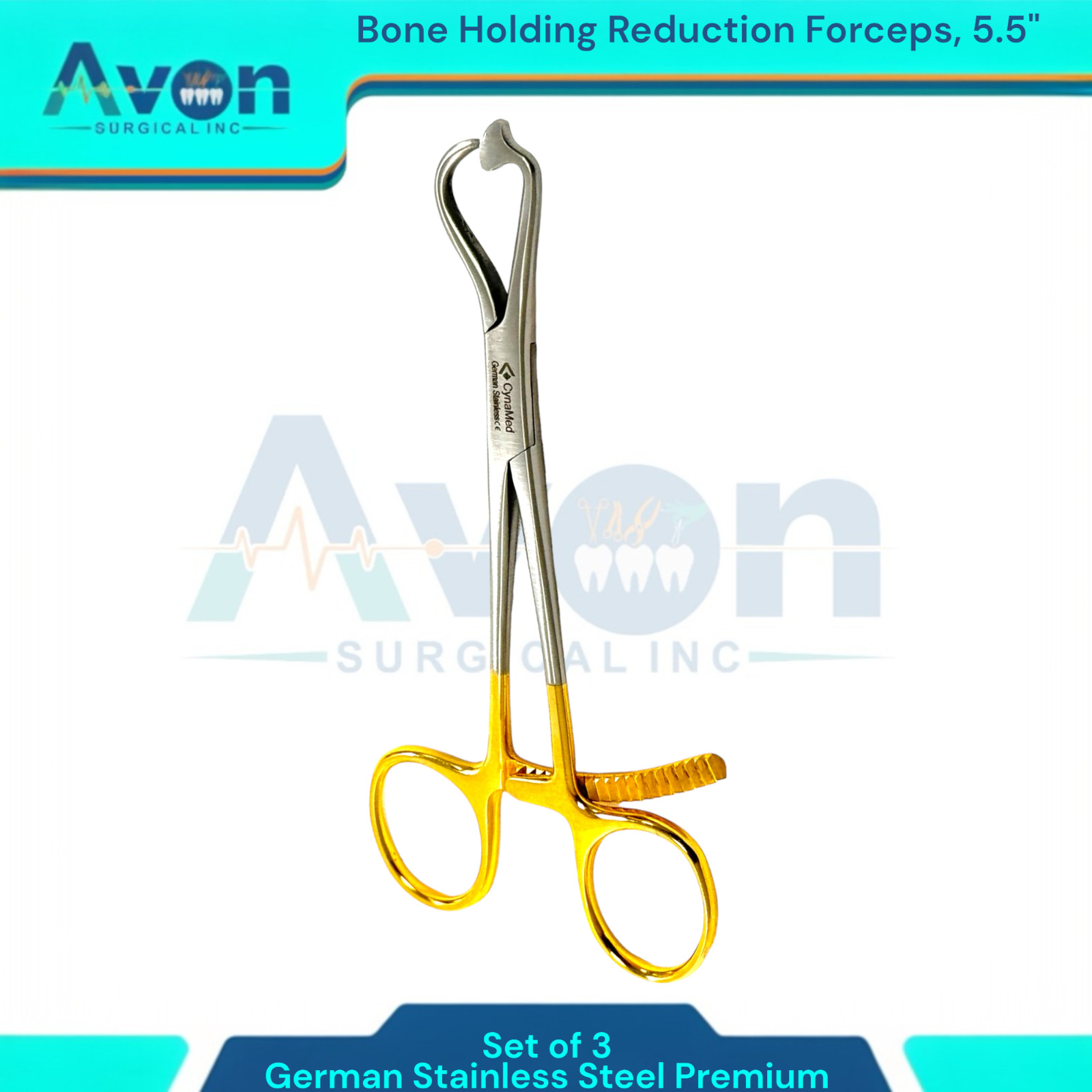 Premium Bone Holding Reduction Forceps 5.5″ w/ Ratcheting Gold Handle, 3PK