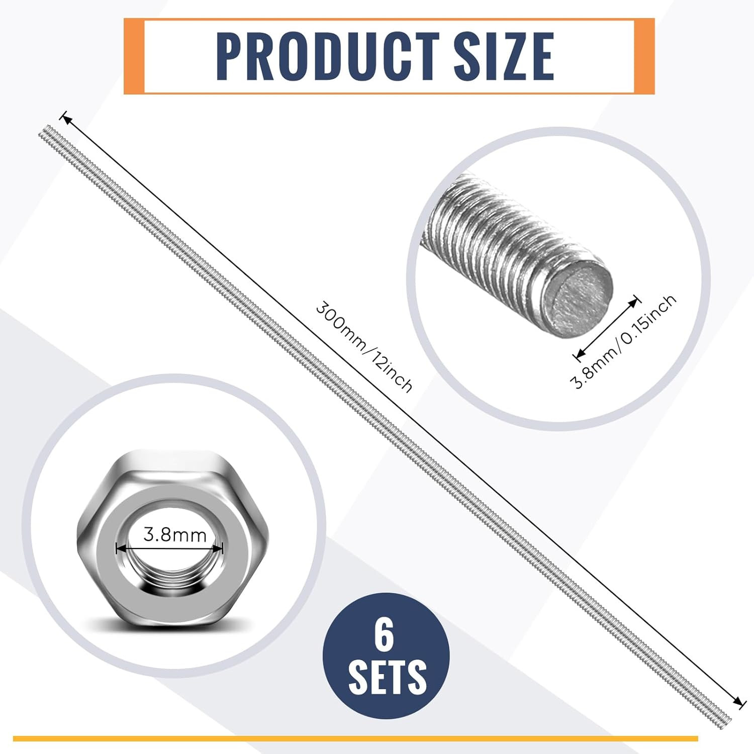 8/32 Inch 4mm Threaded Rod with Hex Nuts 4mm Stainless Steel Threads Studs Rods