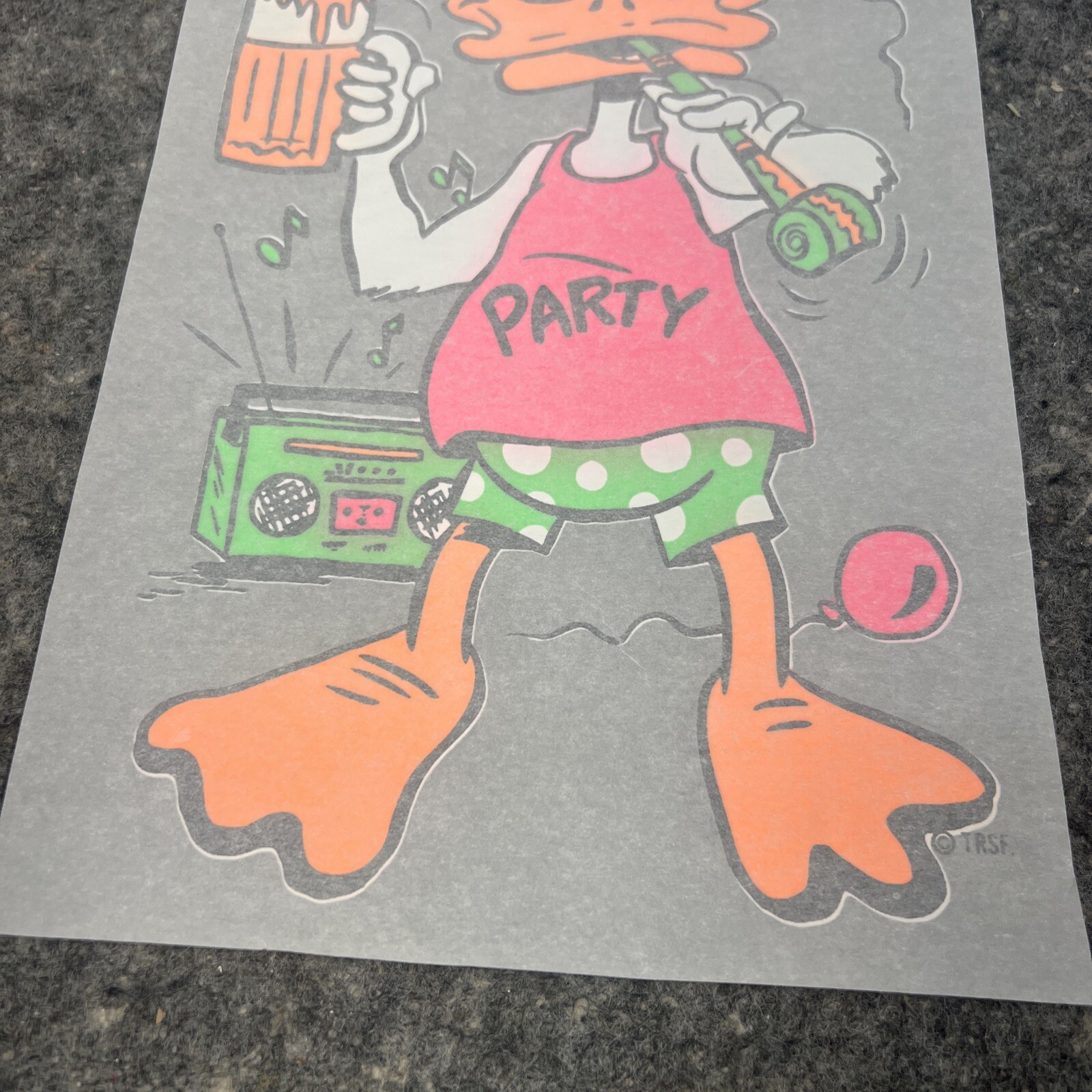 VTG Original 1980’s Neon Party Duck Beer Balloons Boombox Iron On Transfer 12″H