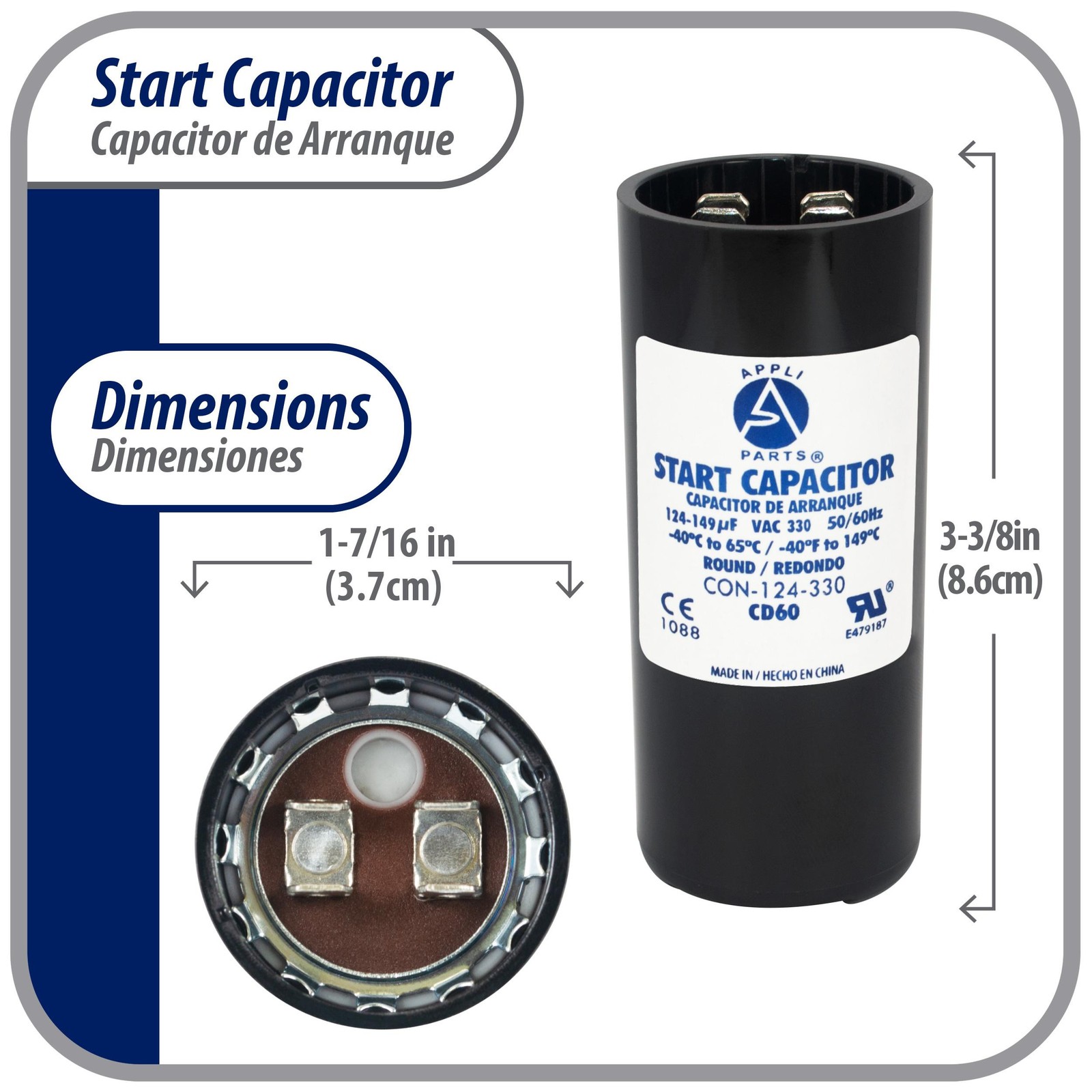 Appli Parts motor start capacitor 124-149 Mfd (microfarads) uF 330 VAC universal