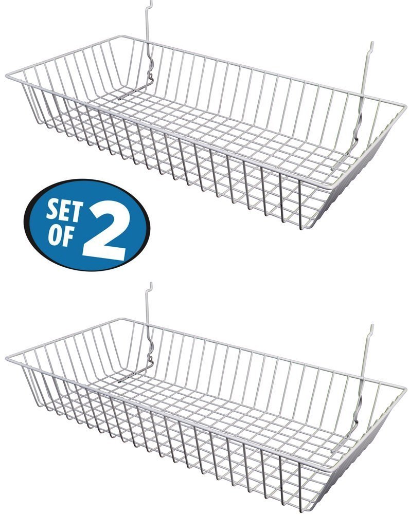 White Wire Baskets for Slatwall, Gridwall or Pegboard (Set of 2) 24”Lx12”Dx4″H