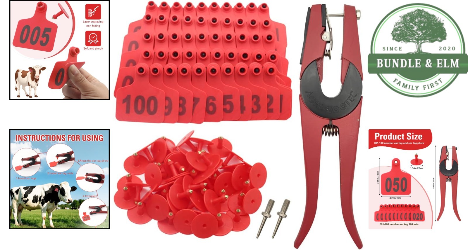 Cattle Ear Tag Applicator Kit with 100 Small Red Tags for Animal Identification
