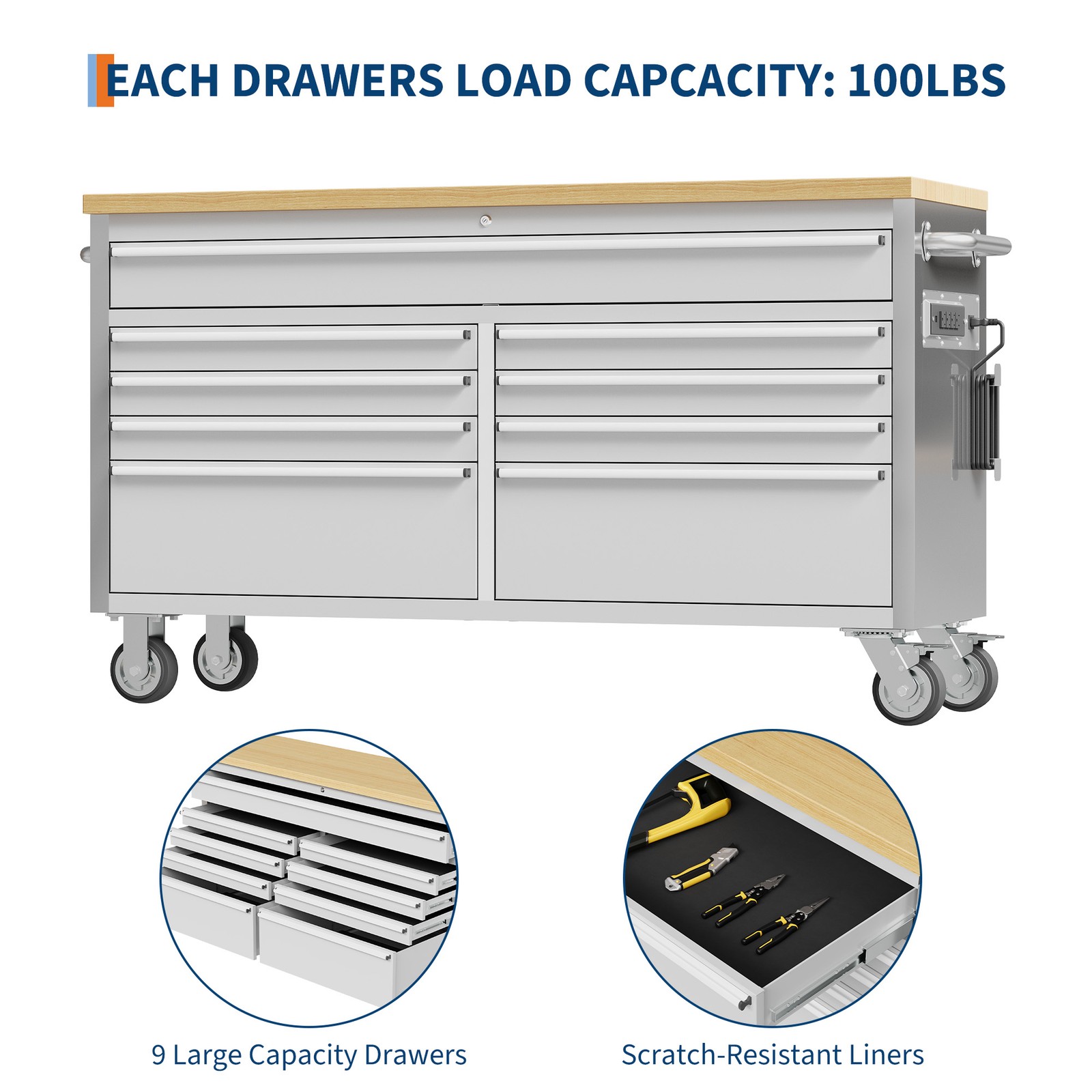 Garvee 61″ 15Drawer Rolling Tool Chest Locking Stainless Steel Cabinet W/ Liners