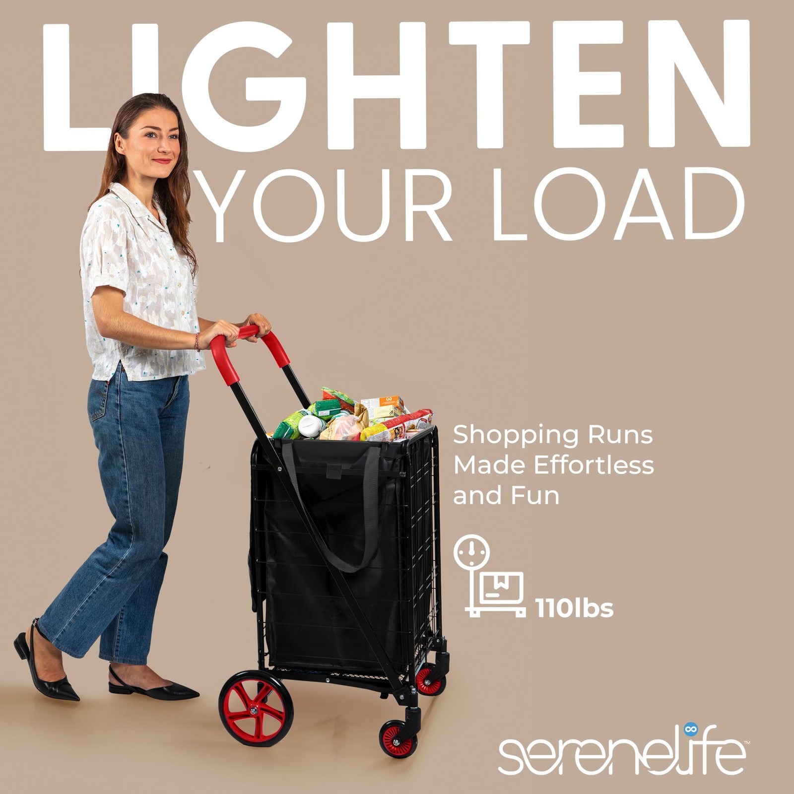SereneLife 110 lb Capacity Small Foldable Shopping Cart with Cart Liner – (Red)