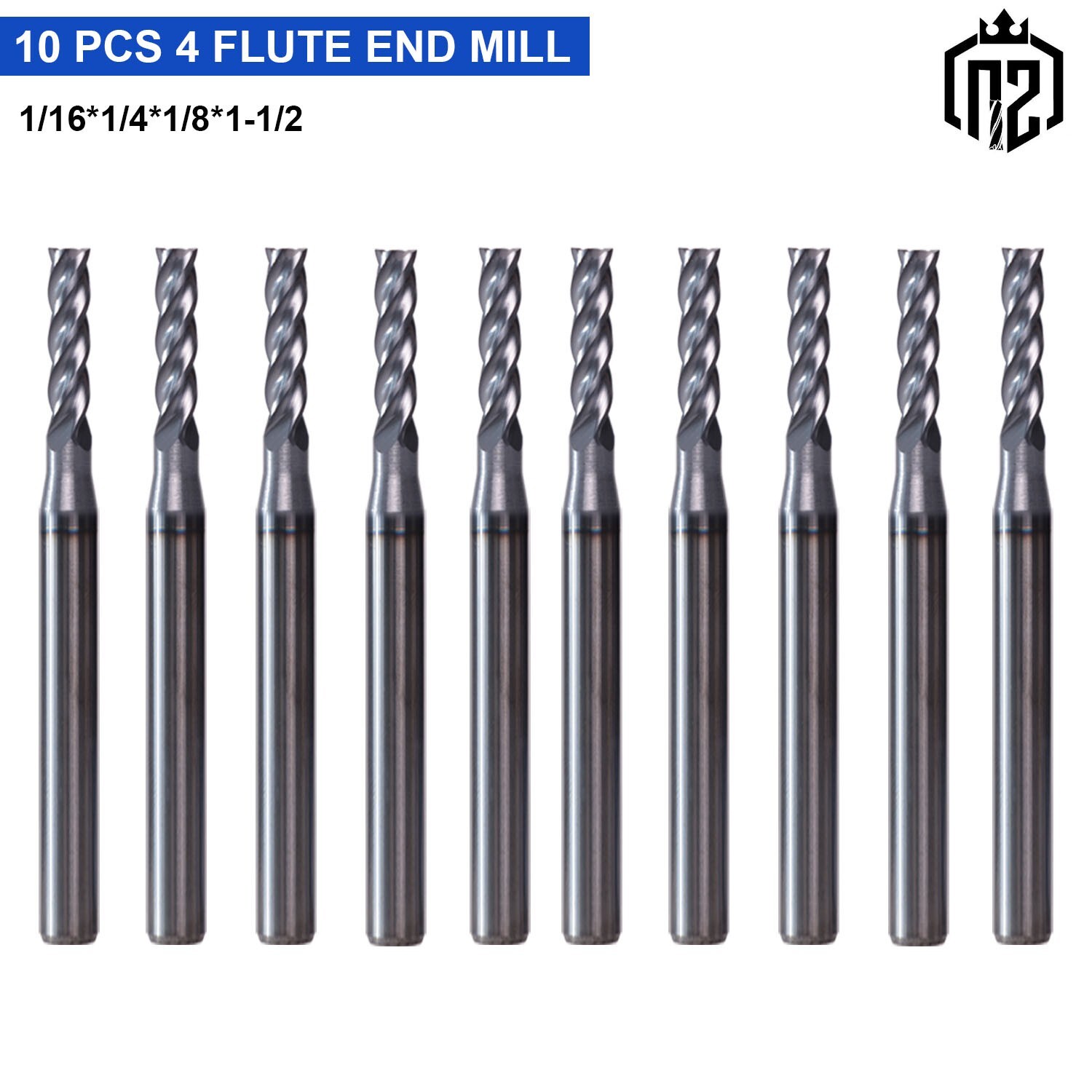 10 PCS 4 Flute 1/16″ x 1-1/2″ Overall Length Carbide End Mill -AlTiN Coated