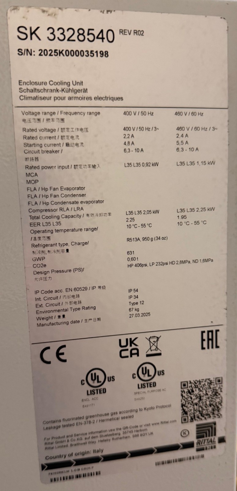RITTAL 3328540 ENCLOSURE AIR CONDITIONER, 7,677 BtuH, 400/460V AC, 2PUZ2, NEW!