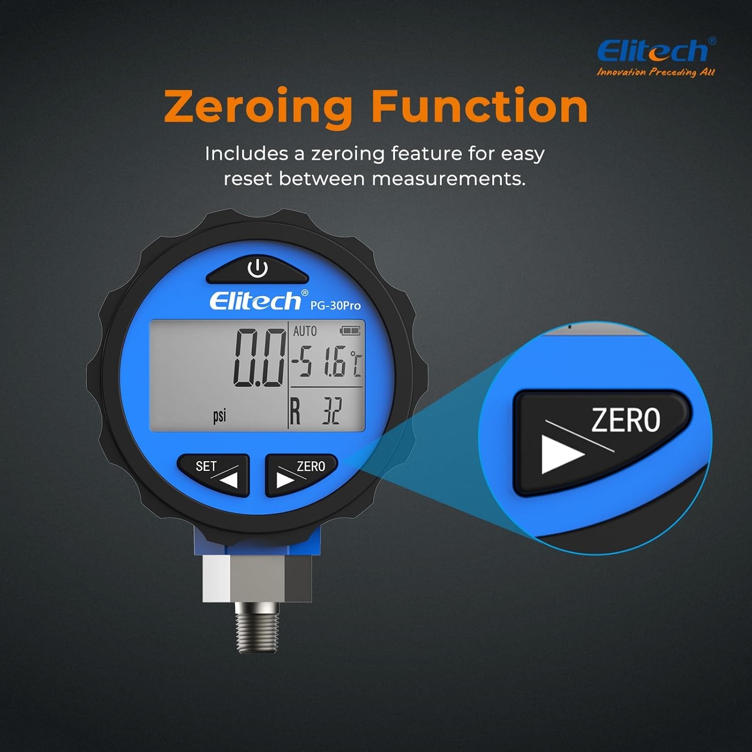 Elitech PG-30Pro Blue Refrigeration HVAC Digital Pressure Gauge 87+ Refrigerants