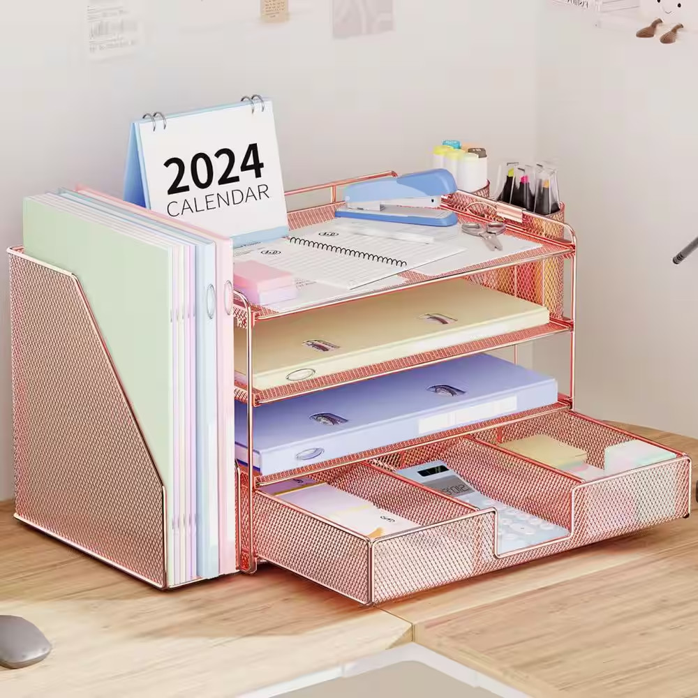 15.5 in X 9.3 in Pink Metal 4-Tier Desktop File Organizer with Drawer and 2 Pen