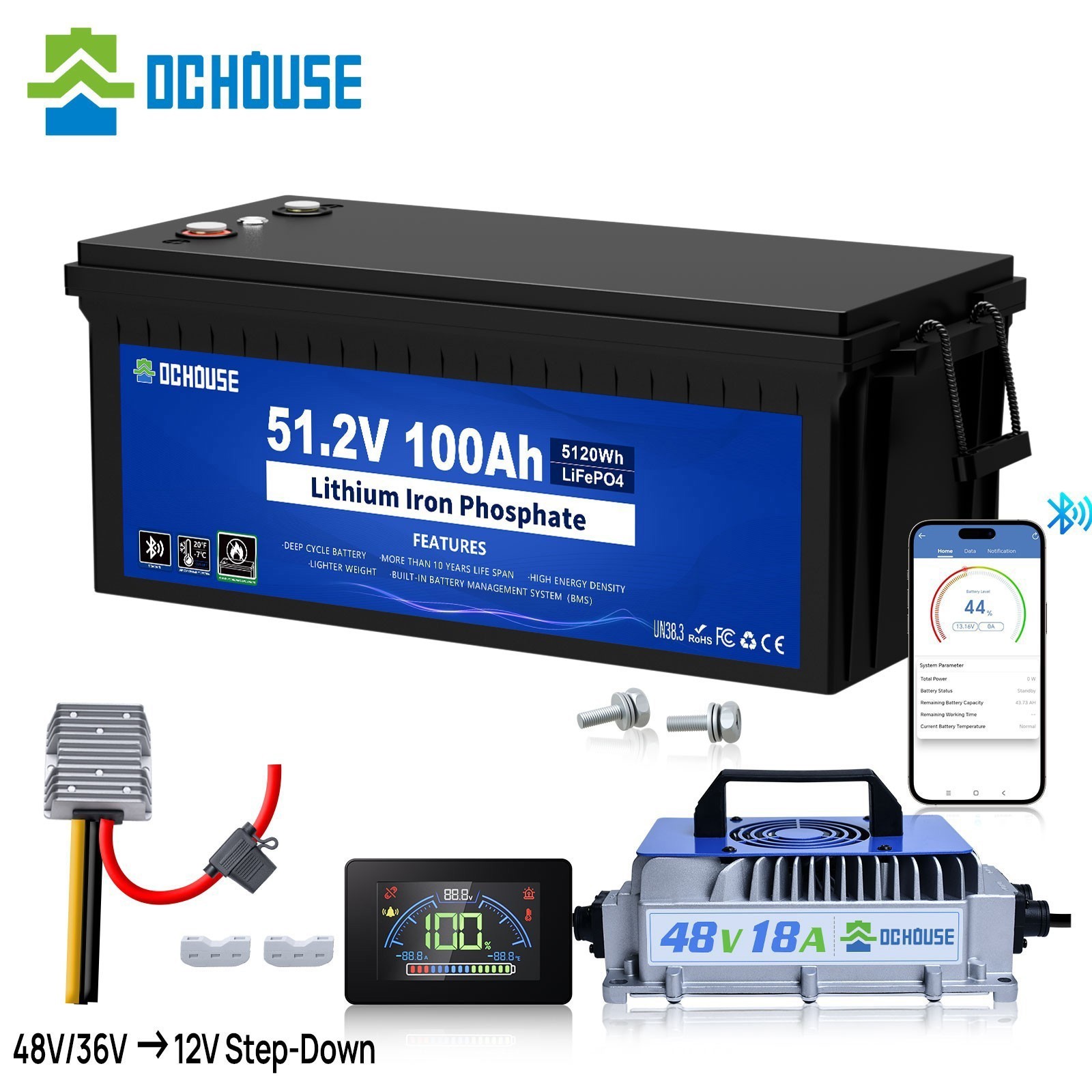 48V 100AH Golf Cart Lithium LiFePO4 Battery with 18A Charger Club Car Bluetooth