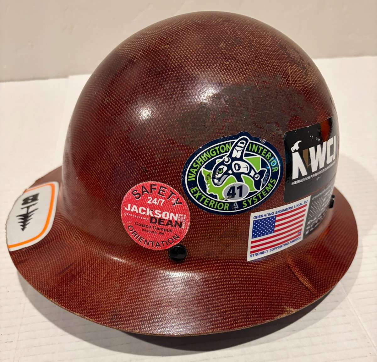 MSA Skull Gard Full Brim Brown Hard Hat w/Union Construction Decals Used w/Wear
