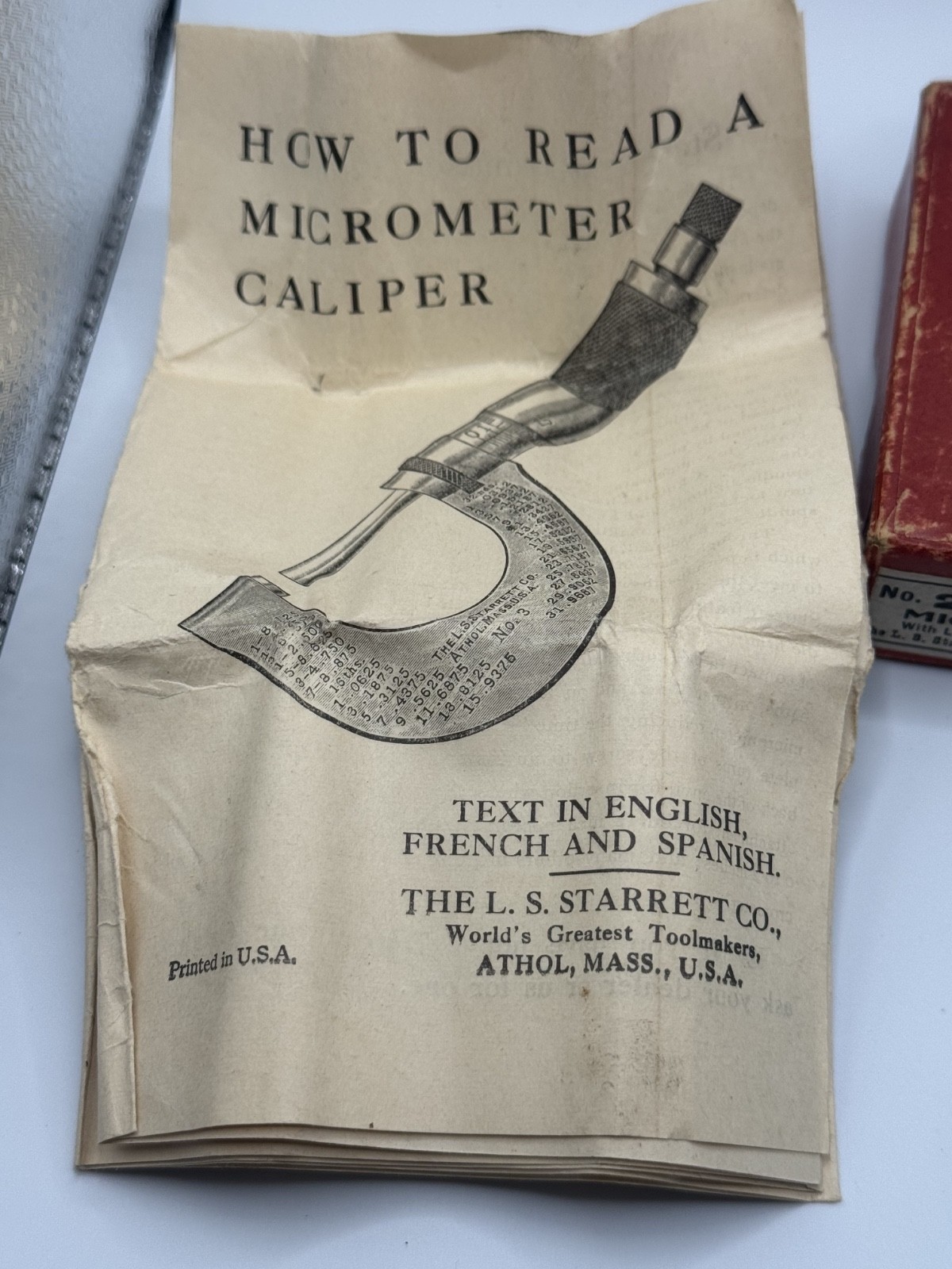 Starrett No. 223RL Paper Micrometer Complete w/ Case Manual Wrench Excellent USA