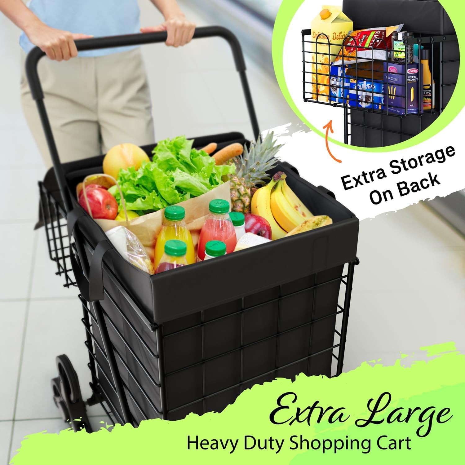 Folding Utility Shopping Cart with Double Basket, Swivel Wheels
