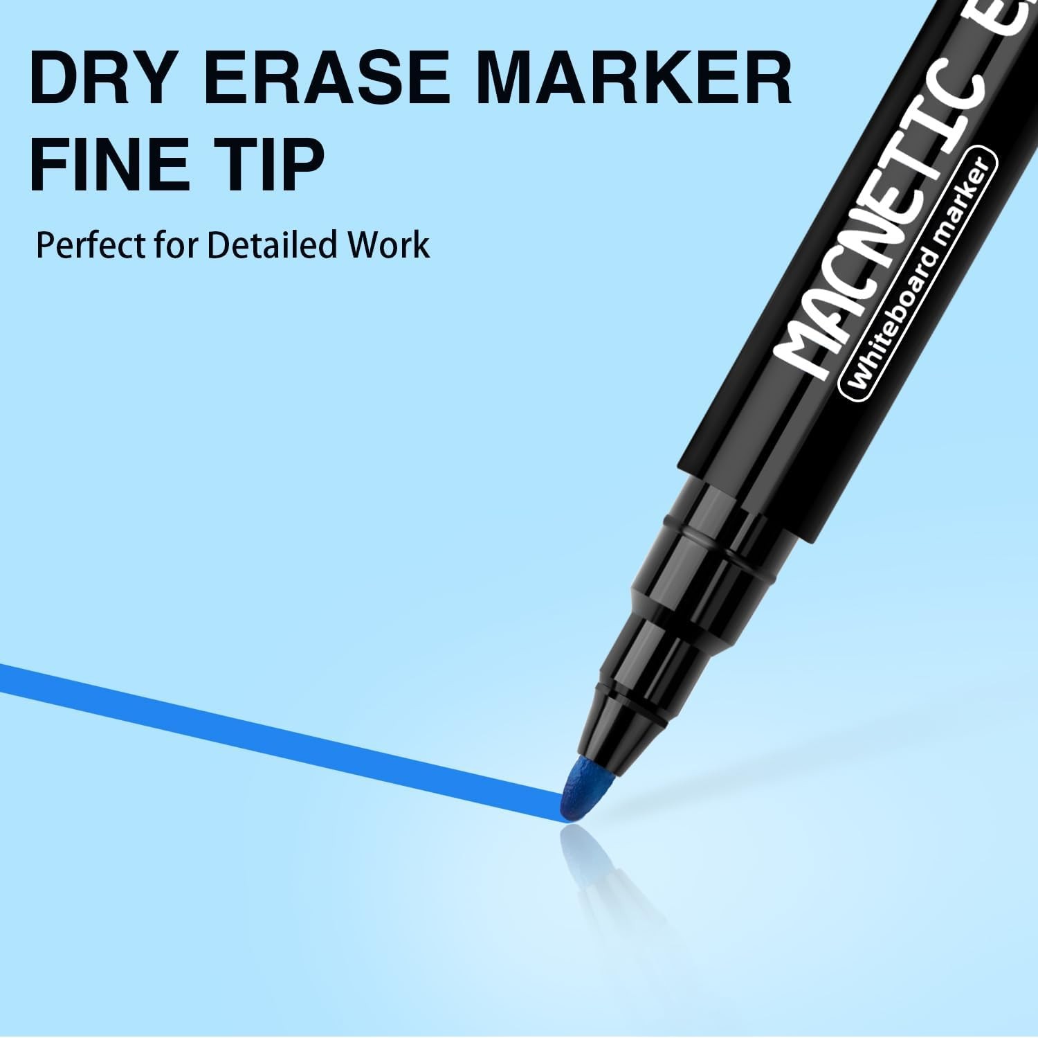 Magnetic Dry Erase Markers Fine Tip – 12 Colors Whiteboard Markers with Eraser