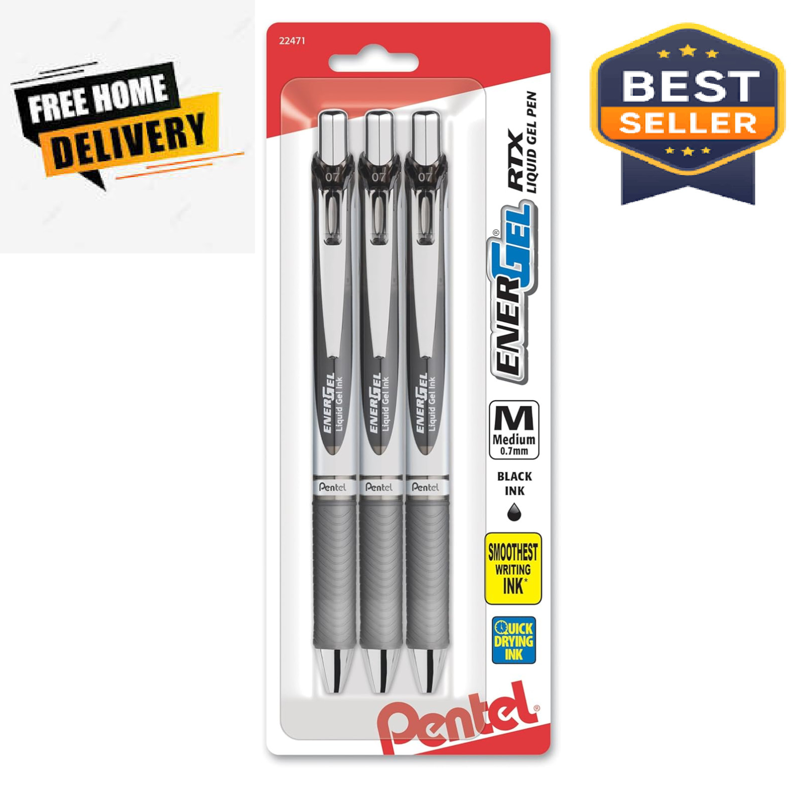 Pentel EnerGel RTX Liquid Gel Ink Pens, (0.7mm), Medium Line, Black Ink, Pack of