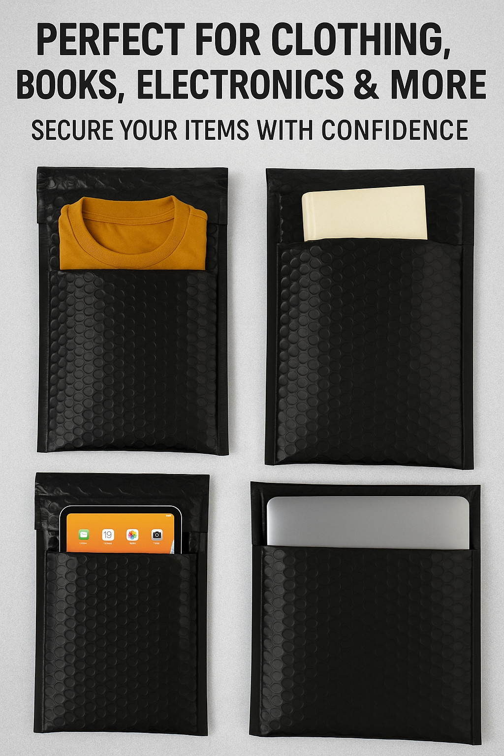 Black Poly Bubble Mailers | 10-500 Pcs | Padded Self Seal Envelopes (4×8–14.5×20