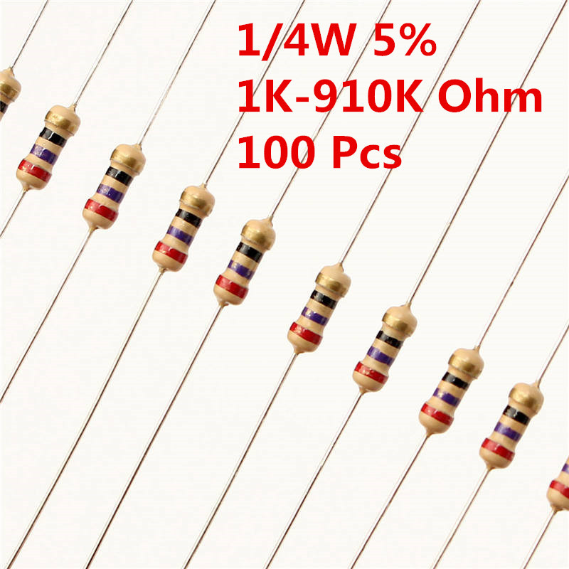 100Pcs 1/4W 0.25W Carbon Film Resistor ±5% 1K -910K Ω Ohm 1 K – 910 K
